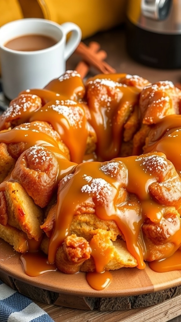 Golden-brown monkey bread on a wooden table, drizzled with caramel and dusted with powdered sugar.